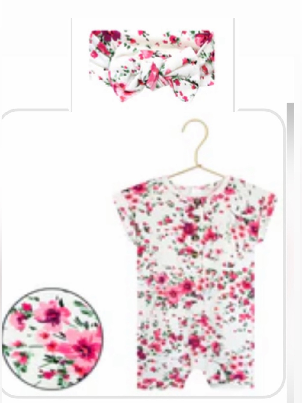 White Floral One-Piece Romper with Pink Flower Print & headband